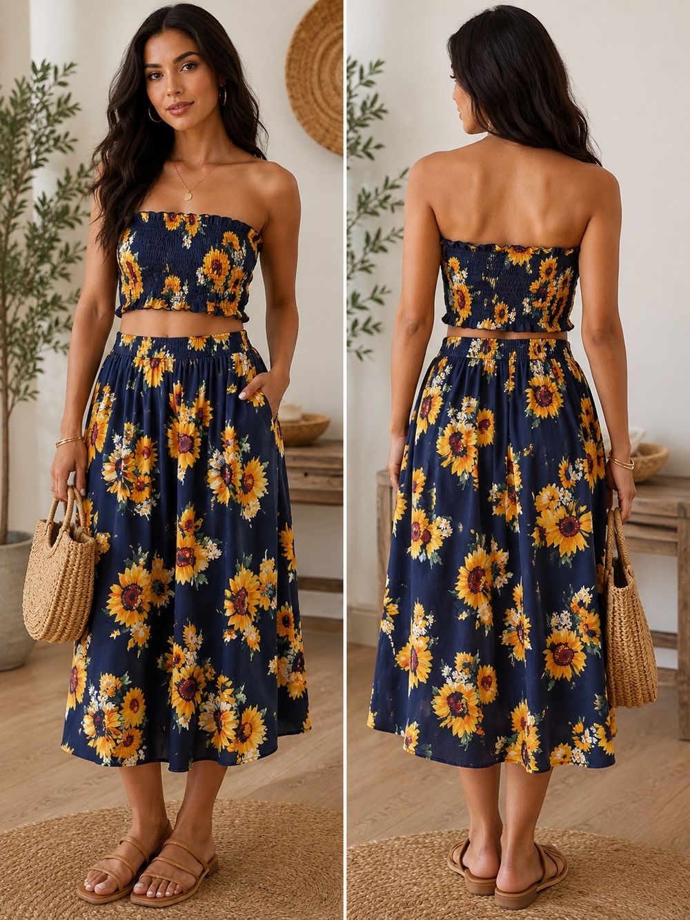 Navy Sunflower Matching Set Midi Skirt And Tube Top— Women
